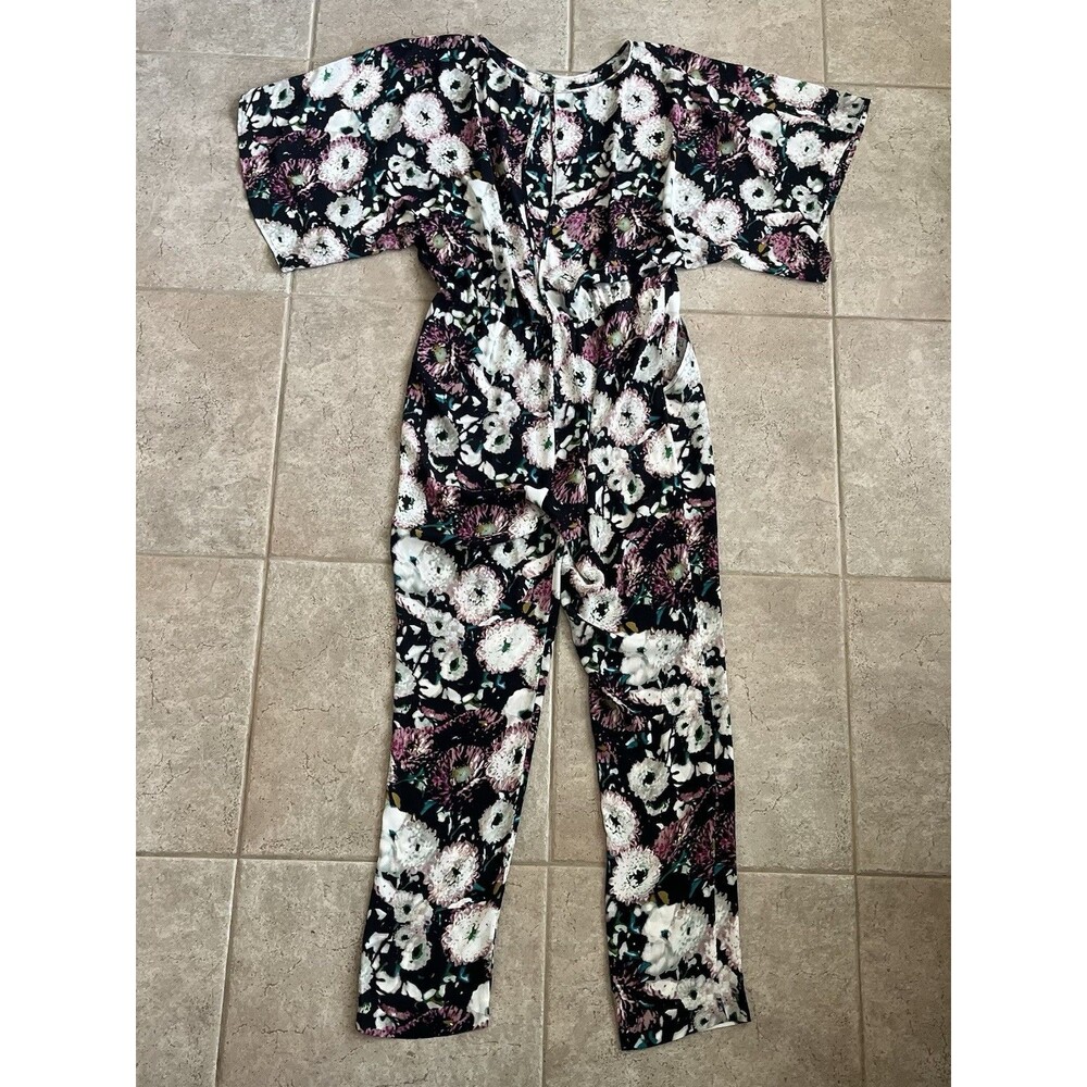 BCBG Sz Small Lavender Mist Floral Semi Sheer Jumpsuit Romper Pants Open Back